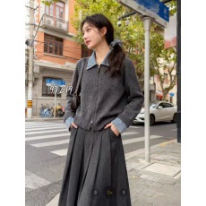 批发韩系翻领<b class='q'>牛仔</b>拼接假两件毛衣拉链开衫外套