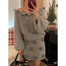 批发一字肩木耳边小性感毛衣加立体花朵半身裙温柔慵懒风套装