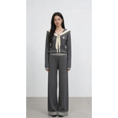 批发2026春款时尚简约百搭减龄海军领撞色套头上衣阔腿裤套装