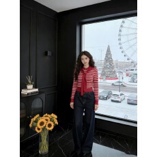 批发海军领披肩长袖条纹针织开衫上衣叠穿两件套