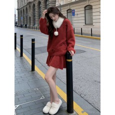 批发秋冬新款新年战袍红色毛衣女半身裙法式<b class='q'>甜美</b>两件套