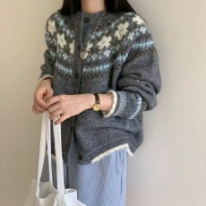 批发费尔岛提花高级感毛衣外套女秋季新款宽松复古撞色慵懒风针织开衫