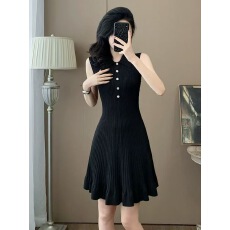 批发夏季新款黑色赫本风收腰显瘦高级感小个子冰丝针织无袖背心连衣裙