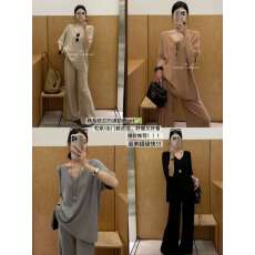 批发华夫格针织衫套装女2026春夏新款V领短袖毛衣阔腿休闲长裤两件套