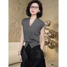 批发高级感灰色V领薄款<b class='q'>针织衫</b>针织短袖<b class='q'>女</b>2025新款夏季设计感开叉上衣