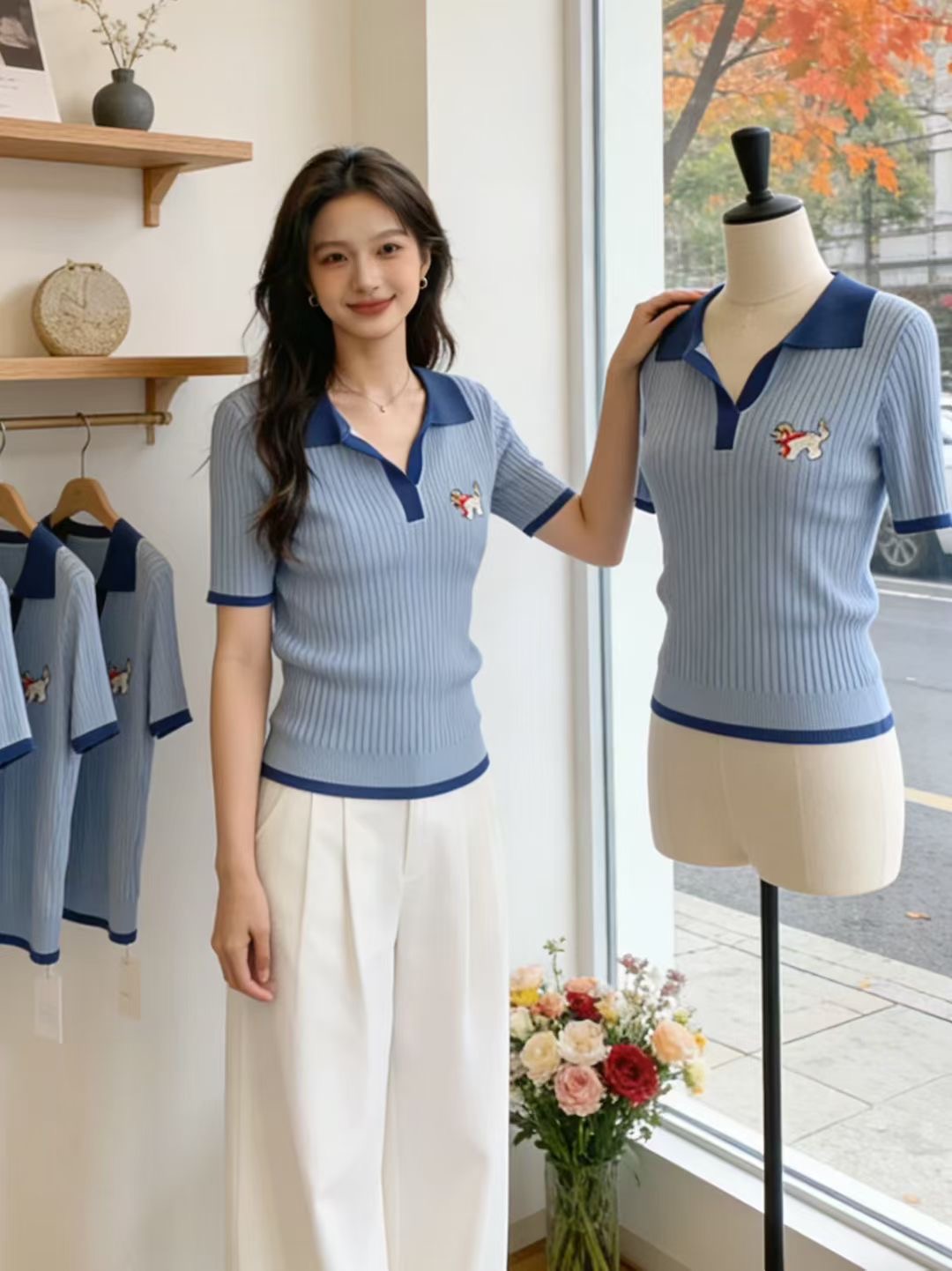 2026 여름 고유 한 슈퍼 잘 생긴 파란색 POLO 칼라 얼음 실크 니트 맨위 디자인 센스 자수 강아지 반팔 티셔츠