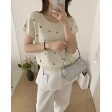 批发圆领短袖T恤法式方领波点针织上衣<b class='q'>女</b>夏季新款甜美设计感T恤