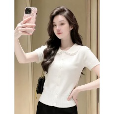 批发小个子蕾丝花边<b class='q'>娃娃领</b>针织上衣女2026春季新款小香风正肩短袖<b class='q'>T</b><b class='q'>恤</b>