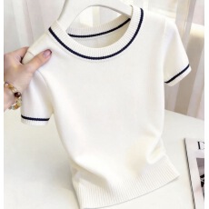 批发时尚休闲条纹圆领短袖t恤女2026夏季新款<b class='q'>大码</b>女装显瘦针织上衣女