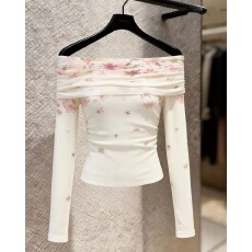 批发曾小咸 韩系露肩多巴胺长袖t恤女夏季薄款防晒罩衫设计感粉色上衣