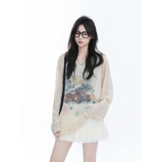 批发美式复古涂鸦印花废土风上衣女秋新款<b class='q'>高级</b>感辣妹微透性感防晒罩衫