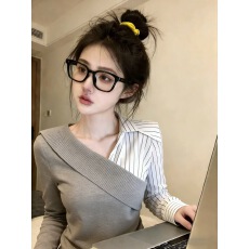 批发条纹拼接假两件针织衫女早春新款休闲宽松显瘦长袖上