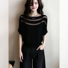 批发法式小资别致黑色镂空短袖针织衫女夏季薄款独特漂亮巨好看的上衣