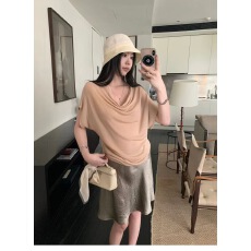 批发法式荡领冰丝针织短袖T恤<b class='q'>百褶</b>半身裙套装