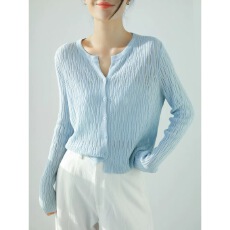 批发肌理感天丝亚麻镂空微透<b class='q'>针织</b><b class='q'>开衫外套</b>女剪刀圆领长袖防晒衫上衣女