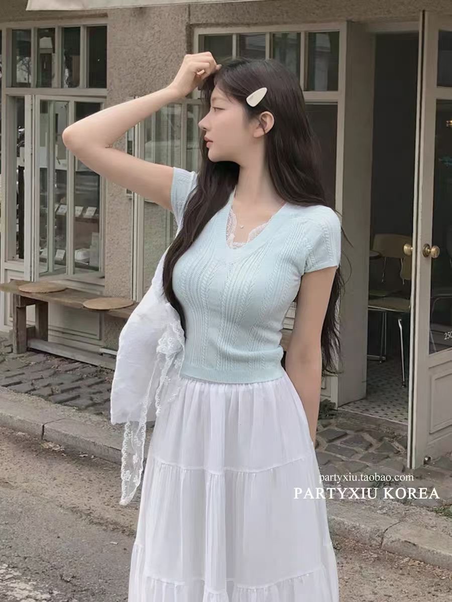 RY3596# 韩系灰色蕾丝V领针织短袖女夏季2026新款修身显瘦设计感气质上衣