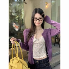 批发2026年紫色<b class='q'>针织</b>开衫女早春新款韩系修身百搭时尚外套