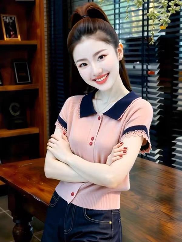 경관 그림 고급 와인 레드 레트로 연령 감소 반팔 티셔츠 여성 2026 여름 새로운 외국 가스 다용도 니트 스웨터