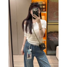 批发yy潮流自制~韩系温柔风<b class='q'>镂空</b>钩花斜肩短袖<b class='q'>针织衫</b>早春收腰显瘦上衣