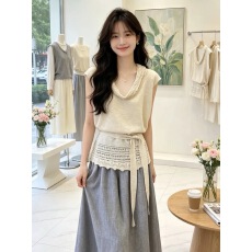 批发设计堆堆领<b class='q'>镂空</b>无袖针织马甲背心女夏季新款韩系别致<b class='q'>镂空</b>收腰上衣