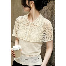 批发轻熟优雅风POLO领<b class='q'>镂空</b><b class='q'>针织衫</b>女短袖杏色通勤上衣夏季2026年新款