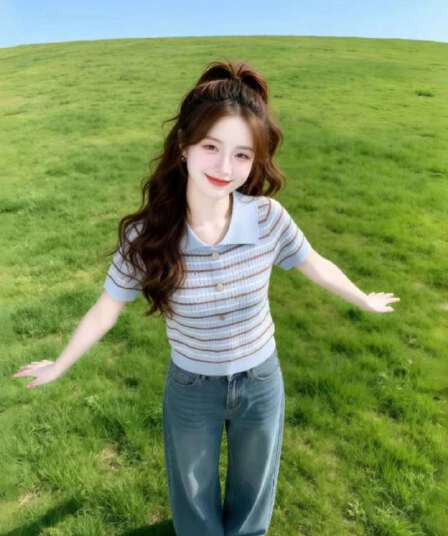 빅 사이즈 표지 배 외국 가스 스트라이프 얼음 실크 반팔 POLO 칼라 니트 스웨터 여성 여름 얇은 스타일 티셔츠 연령 감소 맨위 트렌디