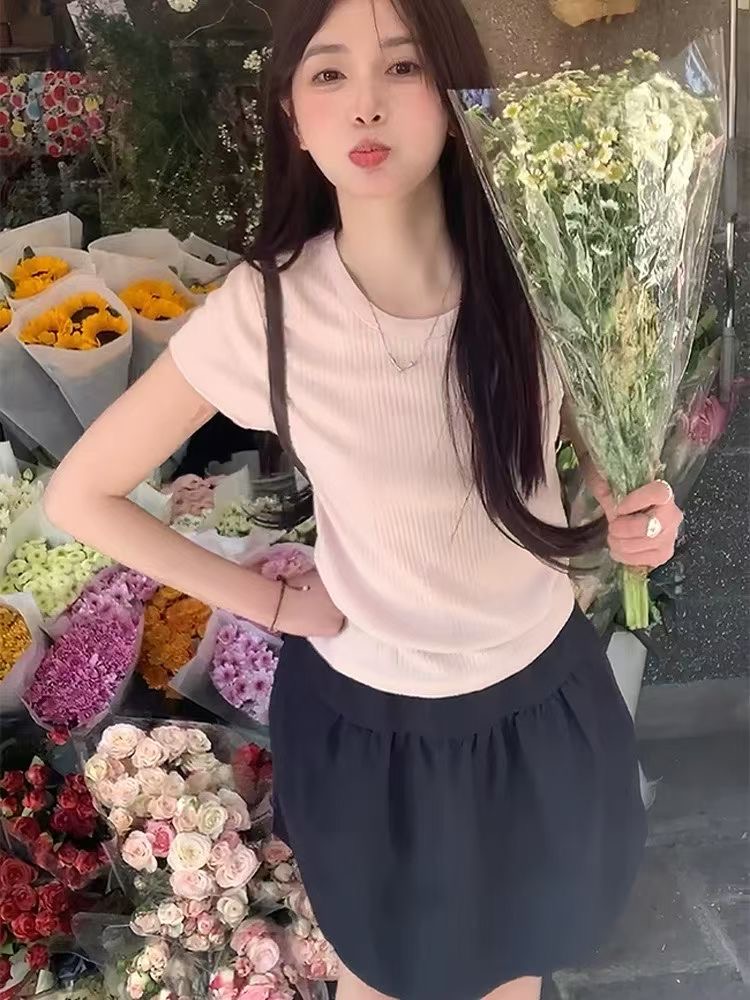 2026 여름 새로운 한 부서 긍정적 인 어깨 반팔 티셔츠 몸매 가꾸기 부드러운 맨위 일본식 다용도