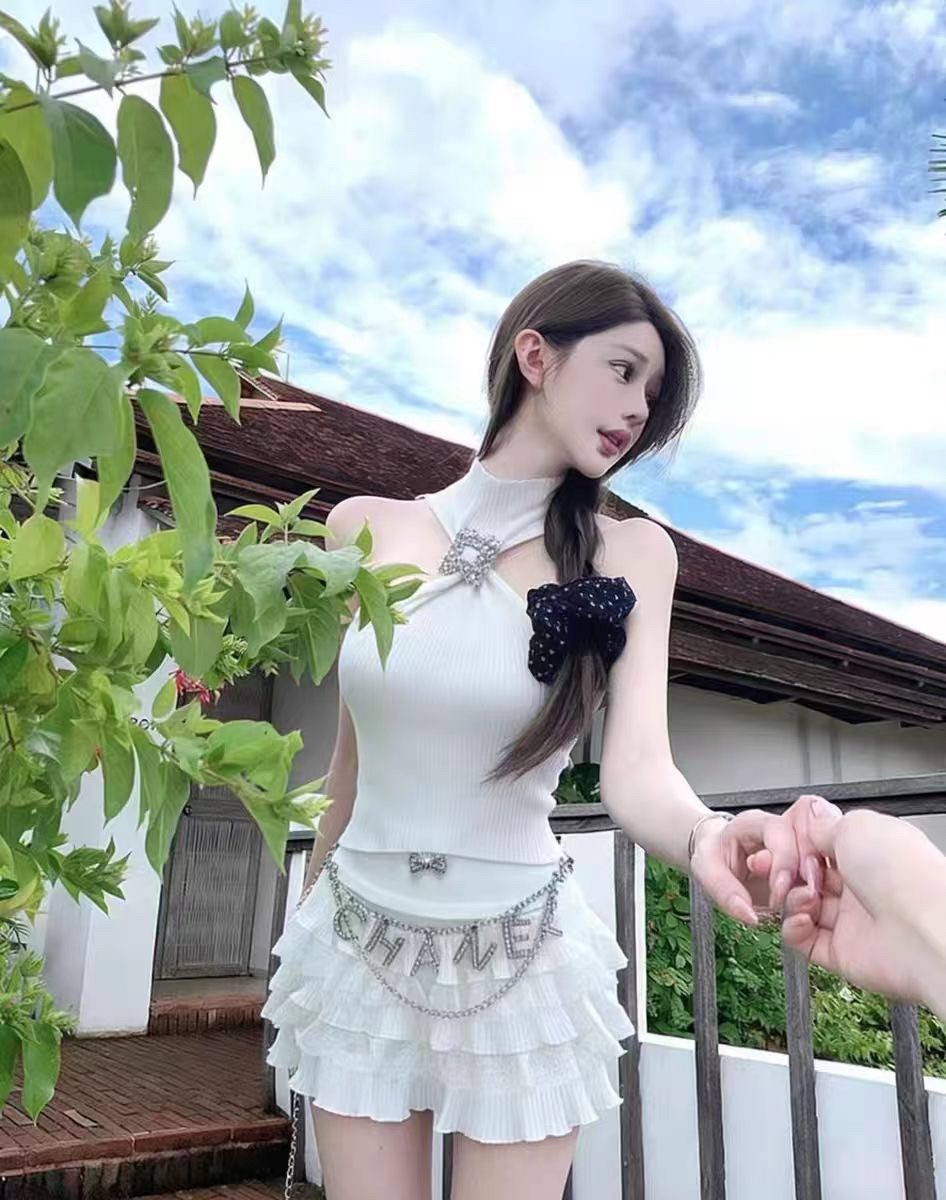 새로운 한 부서 핫걸 순수한 욕망 바람 비틀림 훈련 버클 오프숄더 민소매 니트 조끼 여성