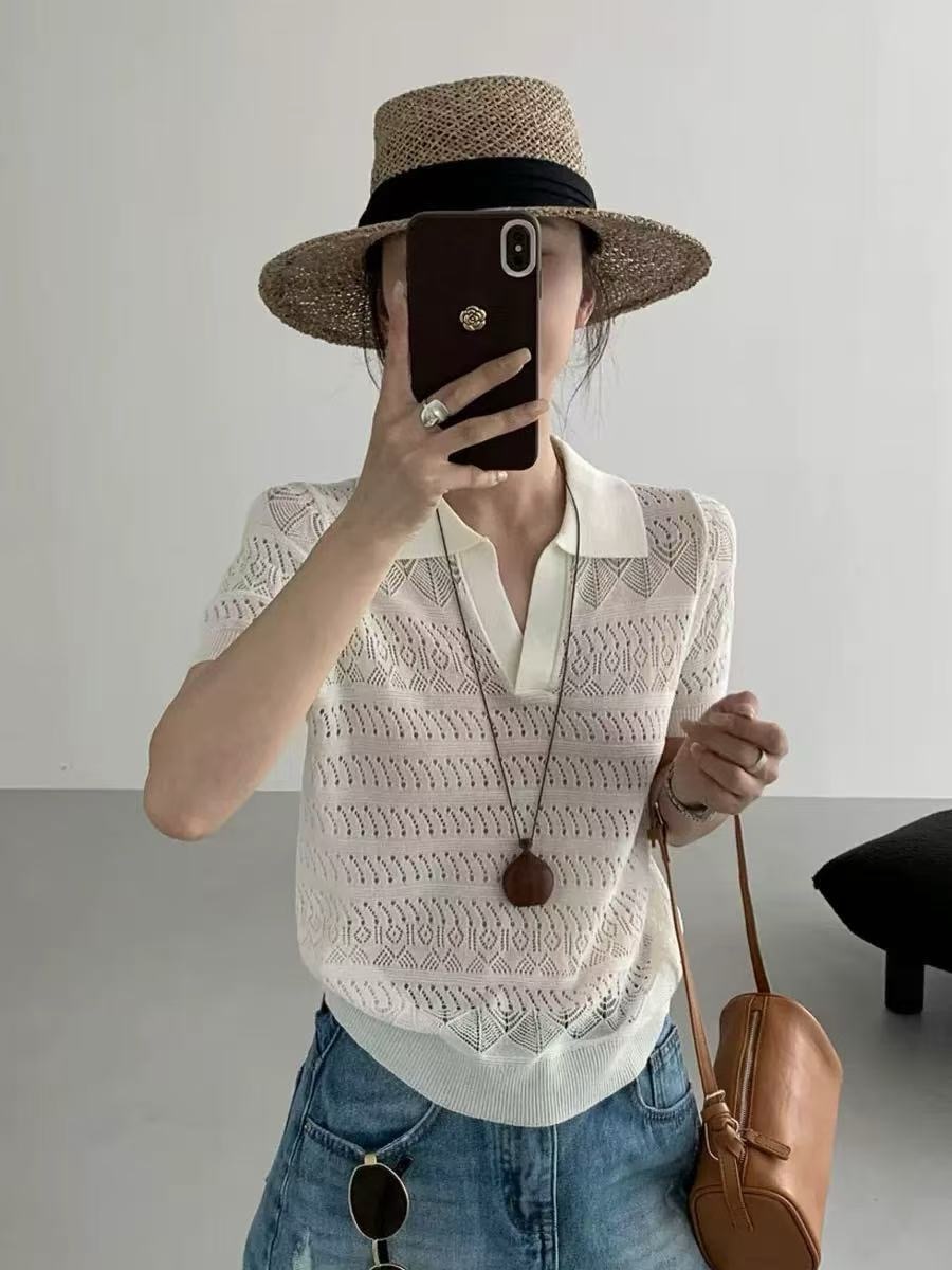 아니요 자랑 품격 오래된 돈 바람 화이트 홀로우 아웃 니트 스웨터 여성용 짧은 소매 폴로 칼라 루즈핏 슬림해 보이는 맨위 여름 얇은 스타일