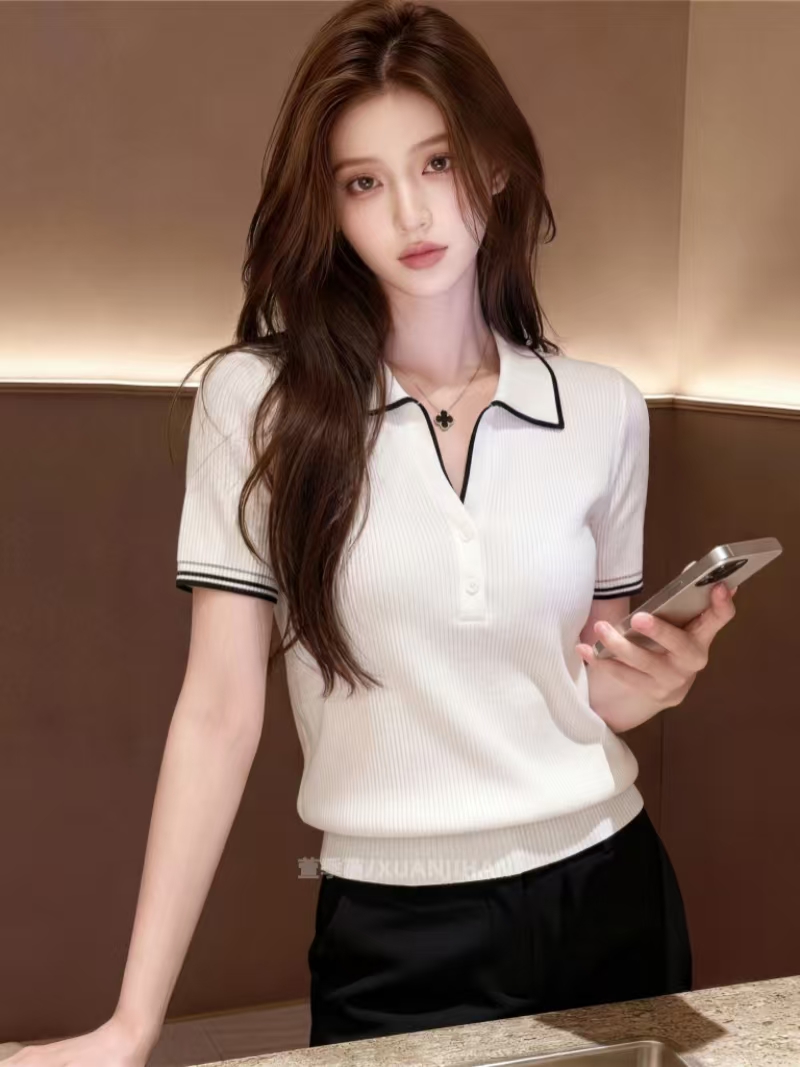 프랑스식 화이트 POLO 칼라 니트 반팔 티셔츠 여성 2026 여름 빅 사이즈 지방 mm 슬림해 보이는 품격 아름다운 맨위