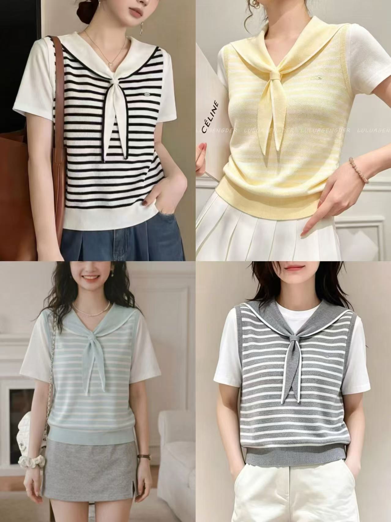 해군 칼라 스트라이프 니트 긍정적 인 어깨 반팔 티셔츠 여성 2026 여름 새로운 빅 사이즈 지방 mm 느긋한 바람 연령 감소 맨위