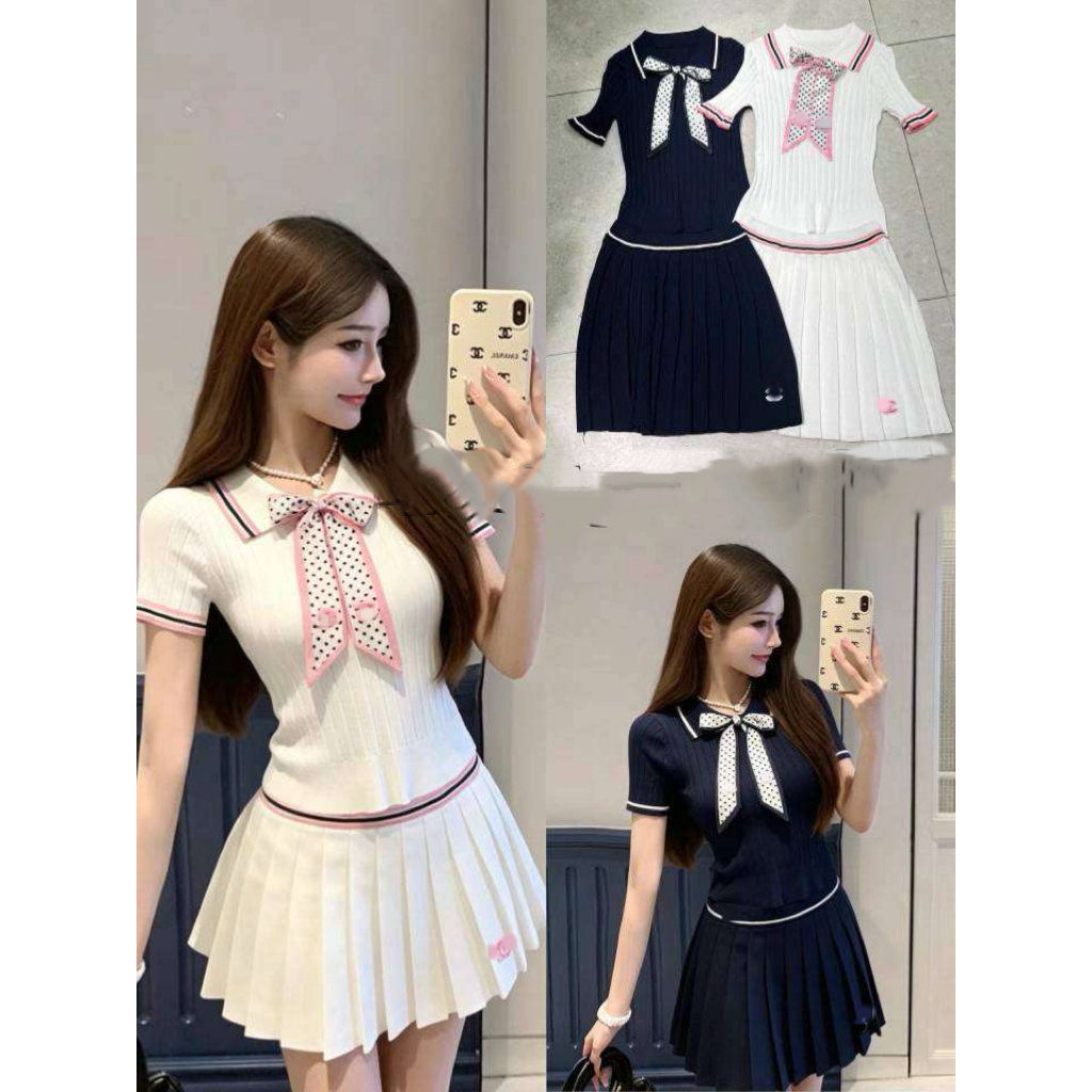 2026 년 여름 새로운 니트 향기로운 카드 도트 무늬 스카프 반팔 풀오버 반 스커트 다용도 트렌디 제품 투피스 슈트