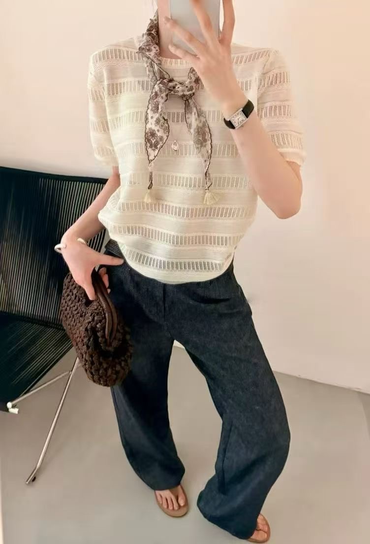 오래된 돈 바람 스카프 홀로우 아웃 라운드 넥 반팔 니트 스웨터 여성 여름 새로운 슬림해 보이는 다용도 캐주얼 잘 생긴 맨위 t