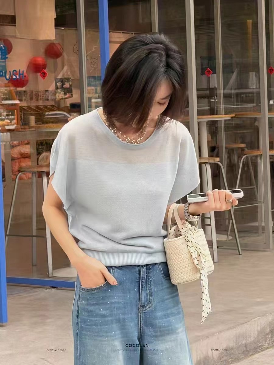 얇은 스타일 슈퍼 잘 생긴 얼음 실크 니트 스웨터 니트 반팔 여성 2026 새로운 여름 레이스업 작은 날다 소매 맨위