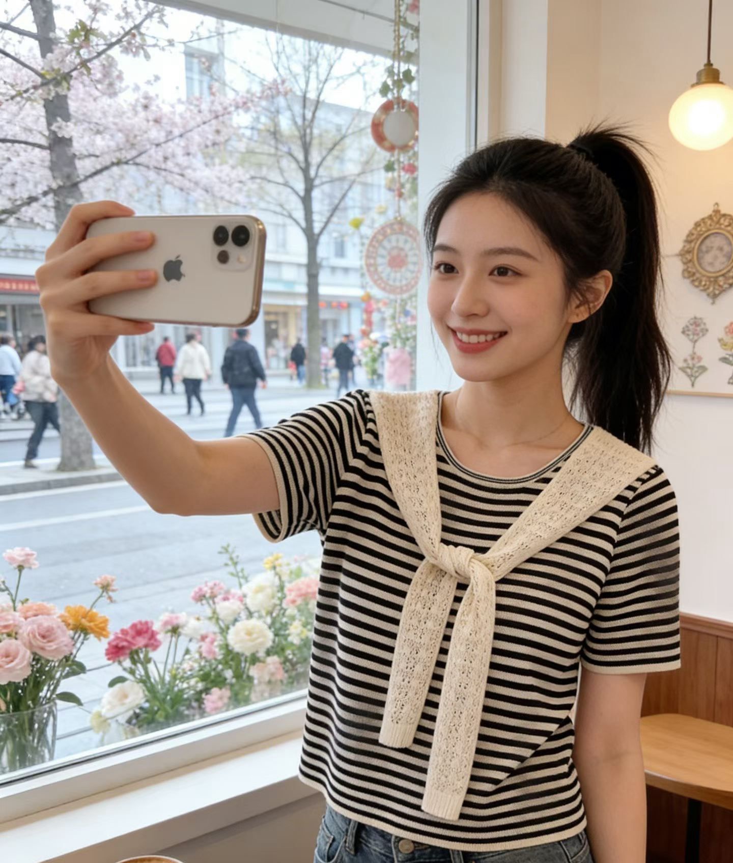 2026 년 여름 다용도 외국 가스 패션 한국 스타일 신선함 부드러운 라운드 넥 스트라이프 패치워크 레이스업 니트 반팔