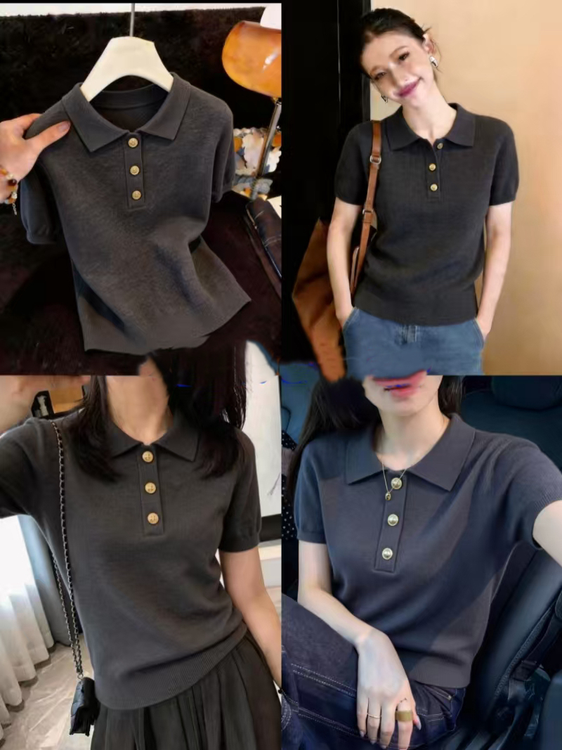 2026 새로운 폴로 칼라 단추 홀로우 아웃 품격 슬림해 보이는 고급 센스 외국 가스 반팔 티셔츠 니트 스웨터 맨위 여성