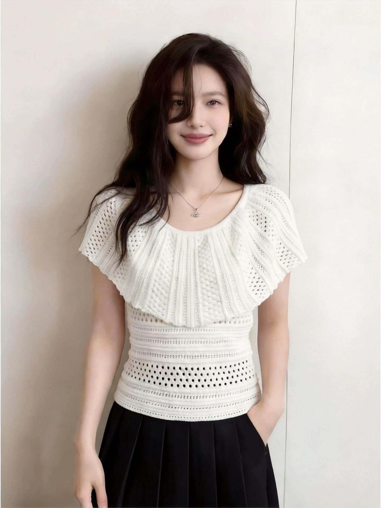 프랑스식 화이트 페이크 레이어드 홀로우 아웃 니트 반팔 티셔츠 여성 여름 고급 센스 chic Chic 숄 작은 맨위