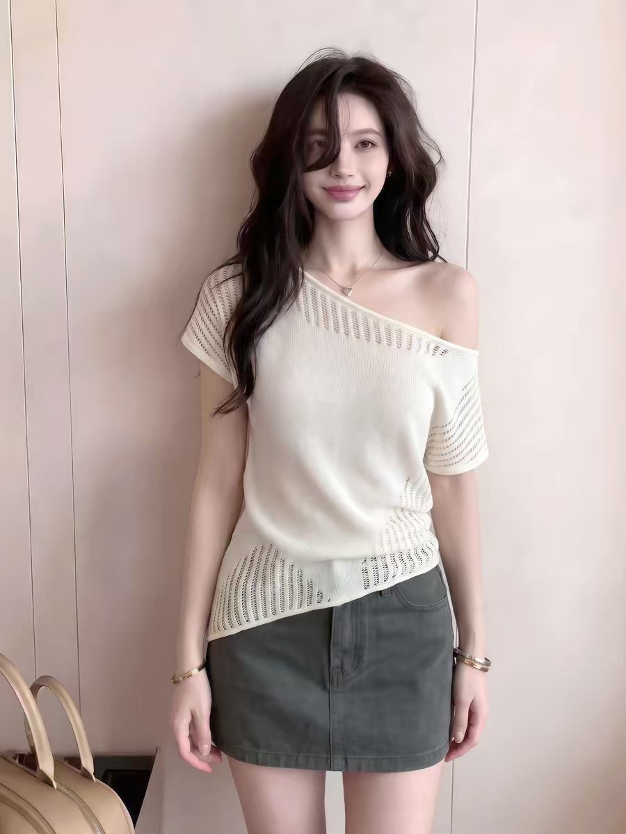 26 년 여름 켜기 새로운 태연자약하다 대기 여름 부드러운 미니멀리즘 긍정적 인 어깨 슬림해 보이는 5 점 소매 짠 셔츠
