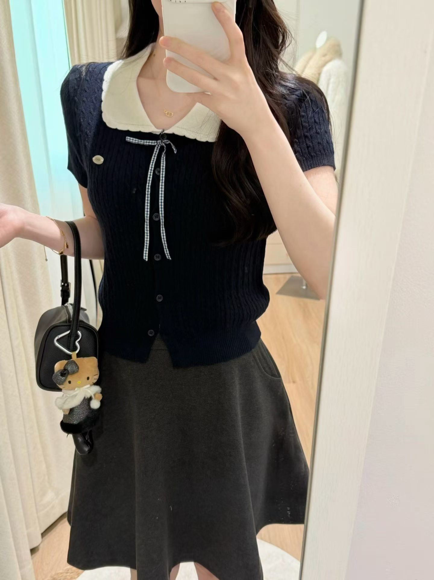 학원 스타일 POLO 칼라 배색 니트 오픈 가디건 반팔 여성 여름 베이비 칼라 레이스업 몸매 가꾸기 맨위