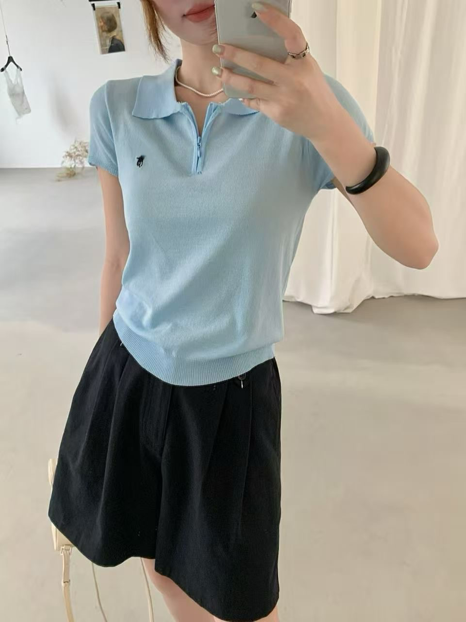 한 부서 파란색 하프 지퍼 POLO 칼라 니트 반팔 티셔츠 여성 여름 작은 키 쇼트 스타일 맨위 긍정적 인 어깨
