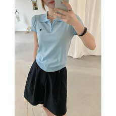 批发韩系蓝色半拉链polo领针织短袖t恤<b class='q'>女</b>夏季小个子短款上衣正肩