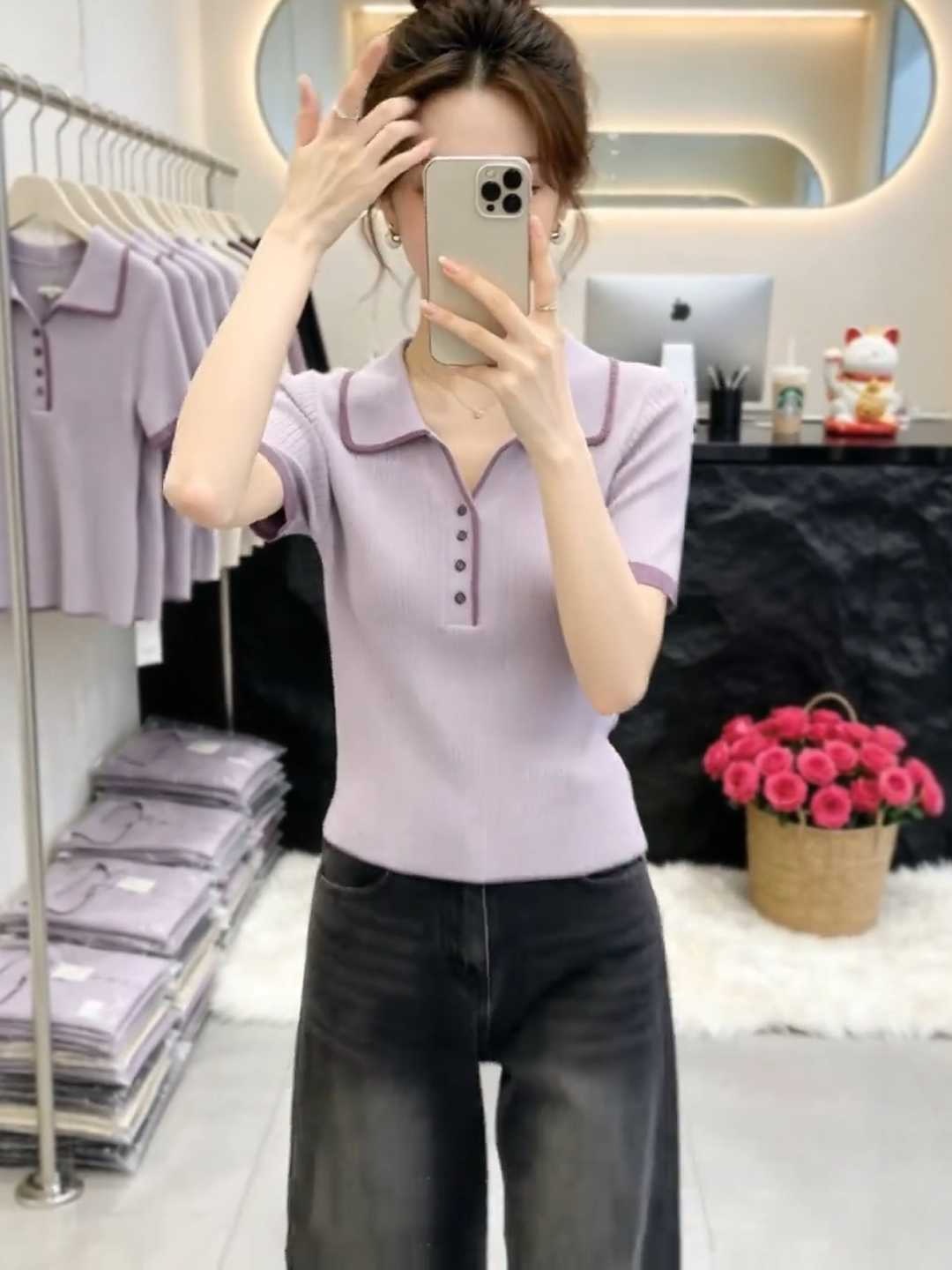 디자인 센스 보라색 POLO 칼라 반팔 니트 스웨터 여성 여름 빅 사이즈 지방 mm 슈퍼 화재 연령 감소 V넥 긍정적 인 어깨 의류