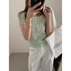 批发韩系设计感镂空纽扣短袖针织衫女2026<b class='q'>夏</b>季新款修身打底衫