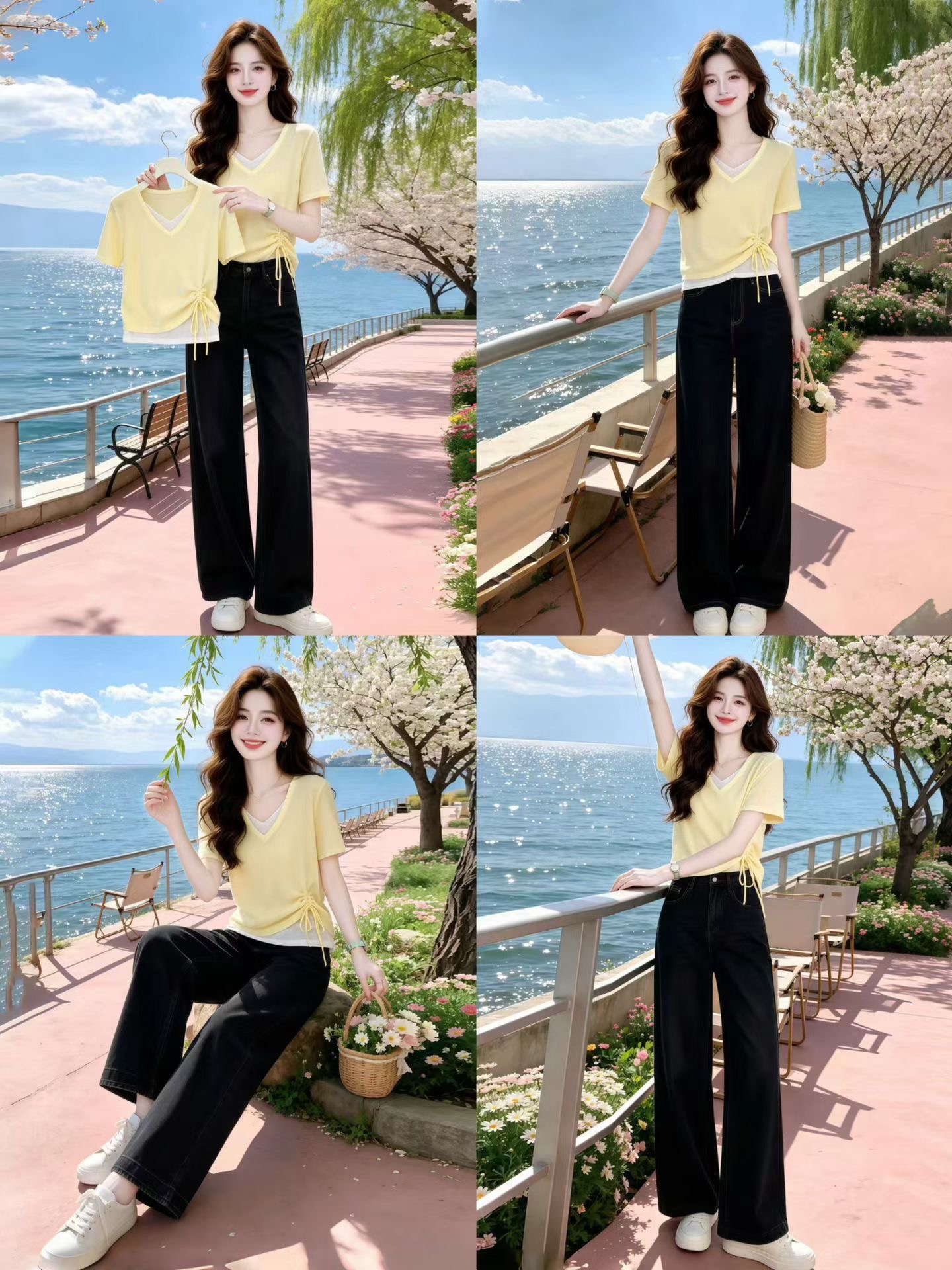 한 스타일 페이크 레이어드 V넥 펌프 로프 허리 수축 슬림해 보이는 반팔 티셔츠 여성 여름 얇은 스타일 디자인 센스 맨위
