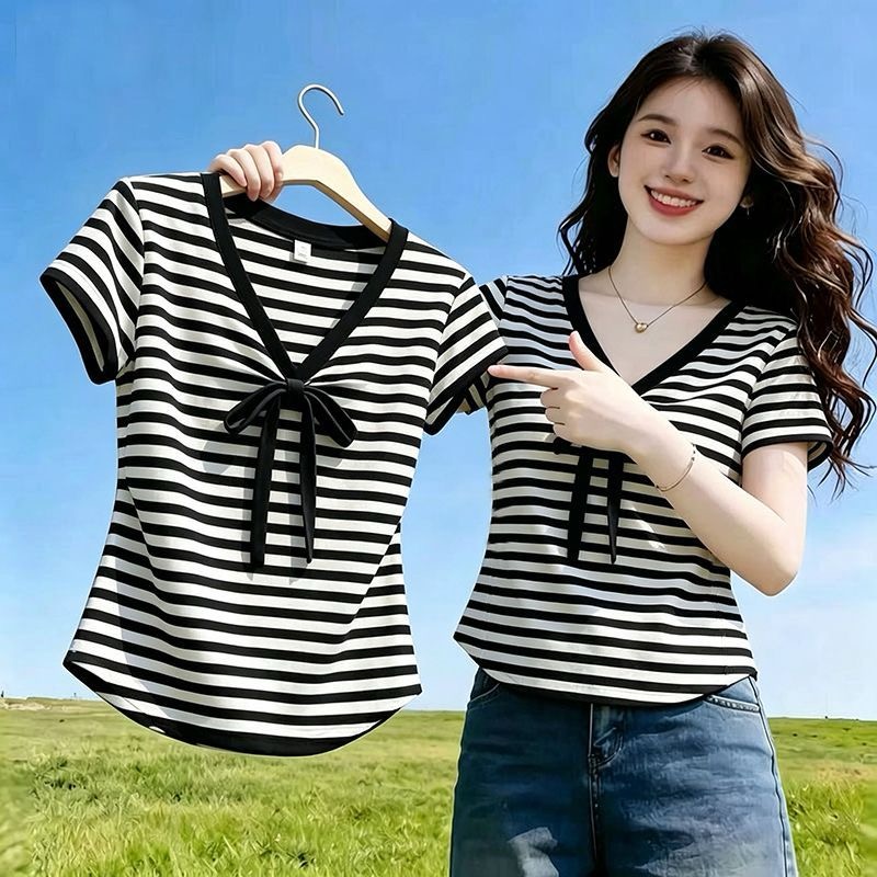 프랑스식 순수한 욕망 바람 배색 스트라이프 나비 넥타이 반팔 티셔츠 여성 여름 새로운 품격 연령 감소 맨위 트렌디