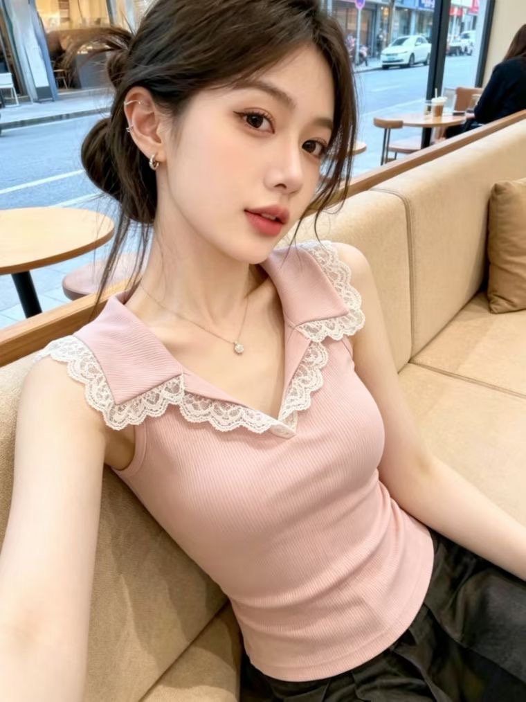 달콤한 핫걸 레이스 폴로 칼라 민소매 캐미솔 여름 새로운 연령 감소 외출용 맨위