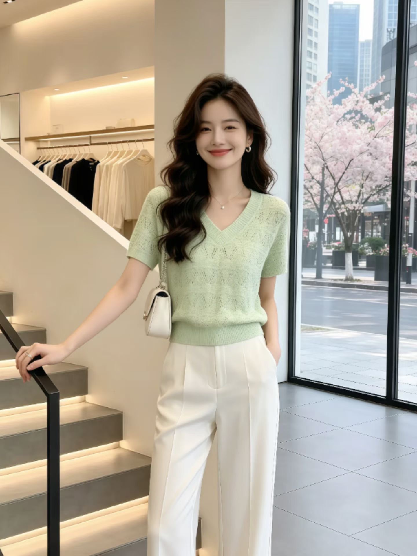 디자인 센스 녹색 홀로우 아웃 V넥 반팔 티셔츠 여성 여름 새로운 외국 가스 연령 감소 다용도 슈퍼 잘 생긴 니트 맨위