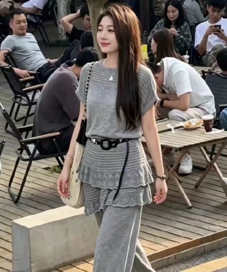 2026 년 홀로우 아웃 니트 스웨터 스택 착용 랩스커트팬츠 느긋한 느슨함 바람 맨위 플러스 바지 세트 자외선 차단 착용 가져 가라. 여성
