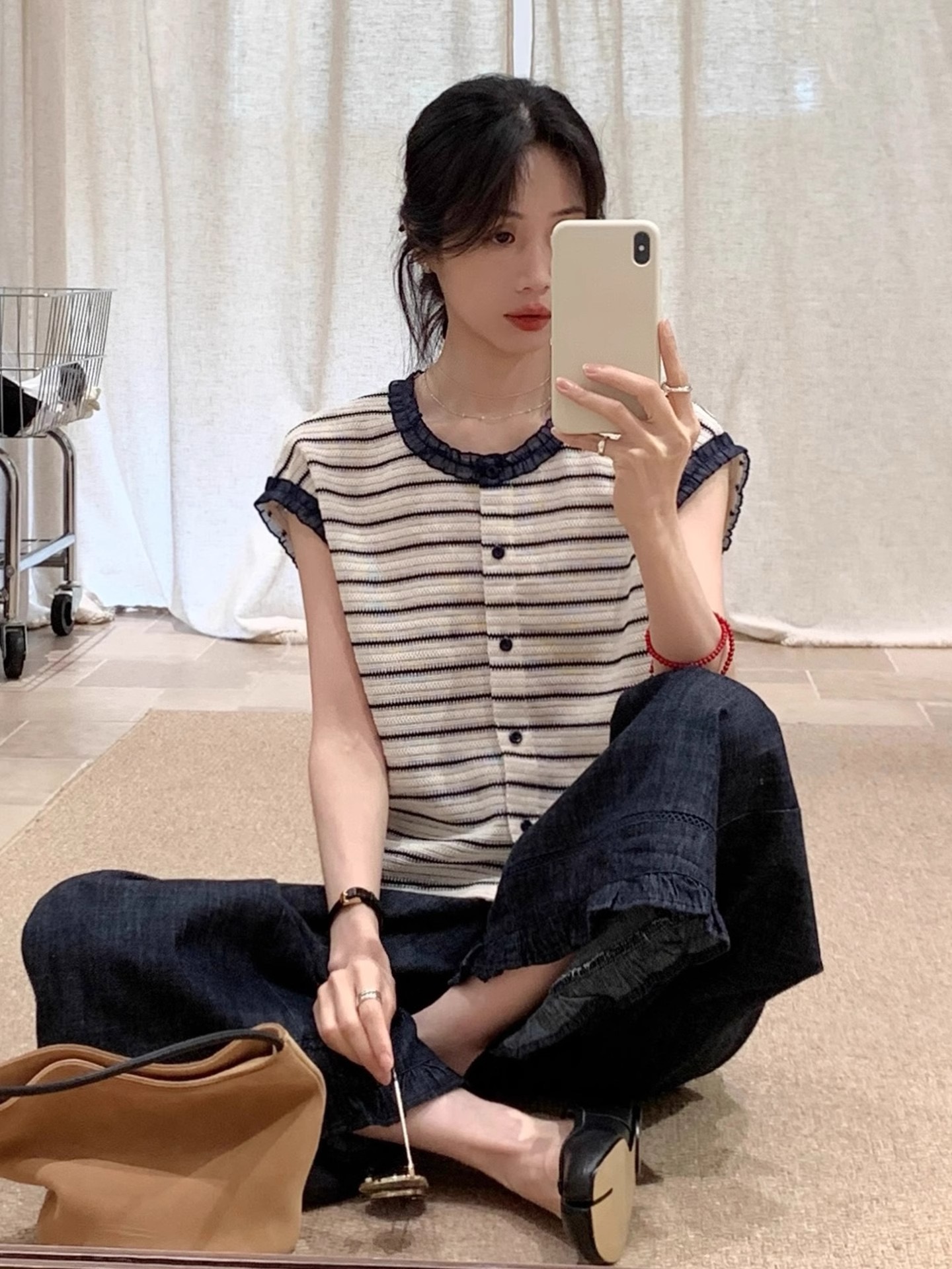 한 부서 질감 질감 스트라이프 배색 레이스 셔츠 작은 셔츠 달콤함 부드러운 바람 품격 맨위 여름 chic