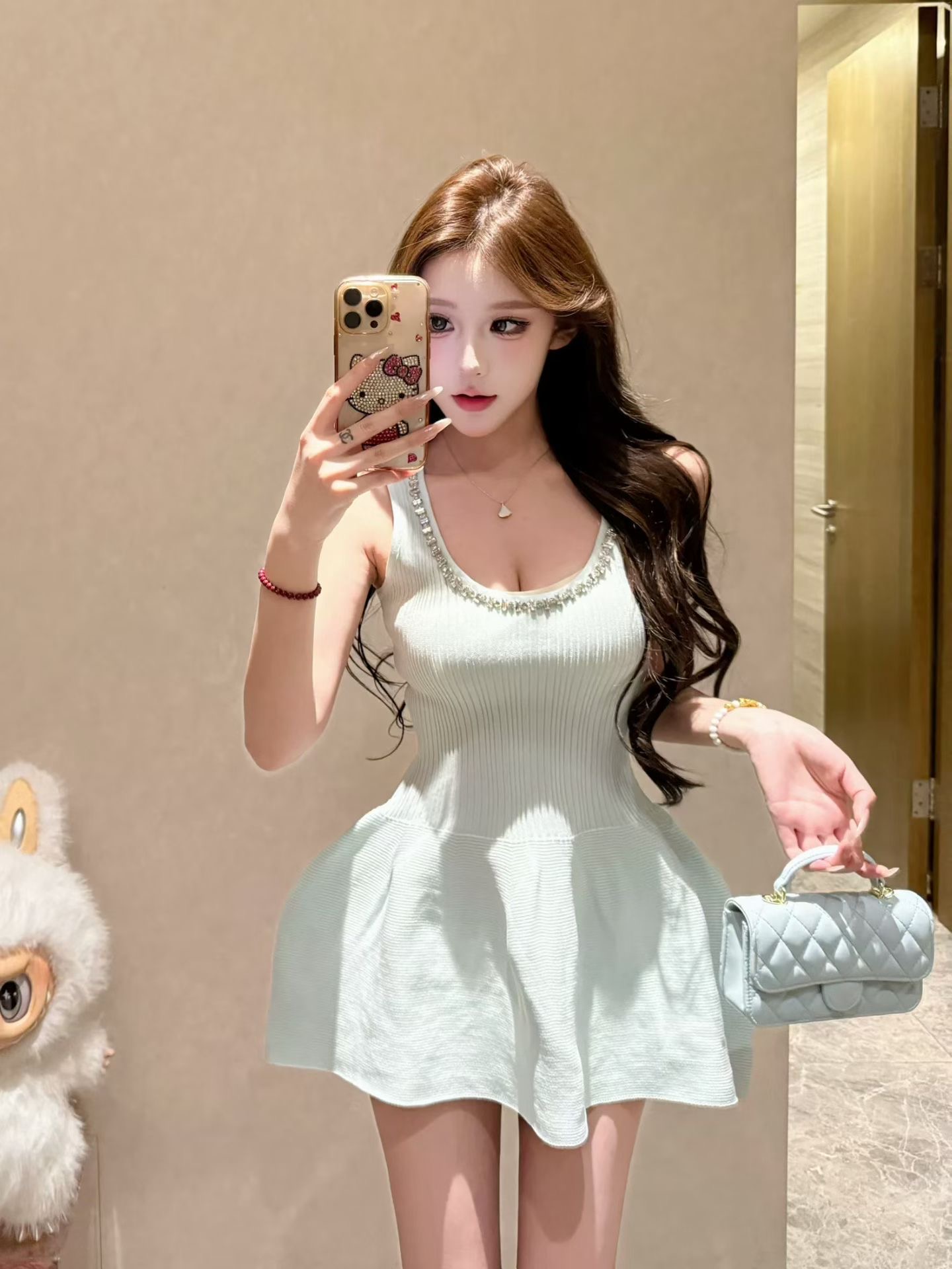 작은 샤넬 스타일 여성 드레스 여름 천 골드 명문 여성 세련된 니트 원피스 무거운 작업 다이아몬드 세팅 고유 한 아름다운 슈퍼 잘 생긴 치마